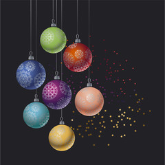 Christmas colorful bauble on black background. Vector illustration with new year color balls for xmas card, invitation, surface design.