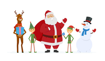 Santa with elves, reindeer, snowman - cartoon characters isolated illustration