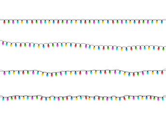 Christmas glowing lights on white background. Garlands with colored bulbs. Xmas holidays. Christmas greeting card design element. New year,winter.