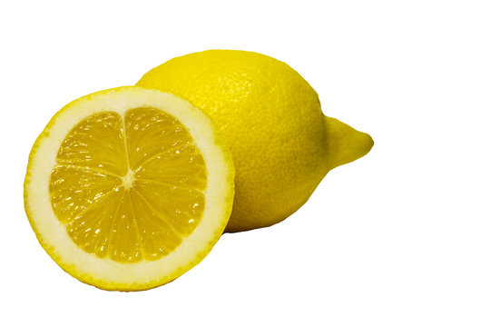 Lemon, whole and half isolated on white background.