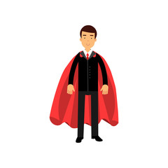 Smiling business man in classic black suit with red tie and superhero mantle. Successful office worker. Male character in confident pose. Flat vector illustration