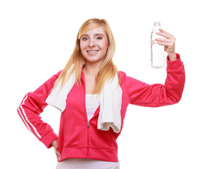 Fitness woman sport girl with towel and water bottle isolated