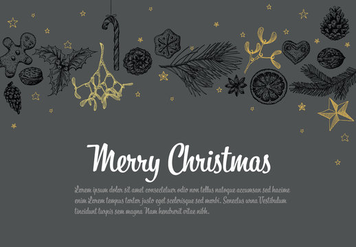 Christmas Card with Hand-Drawn Illustrations on Gray Background