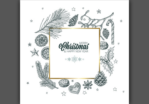 Christmas and New Year's Card with Hand-Drawn Nature Illustrations