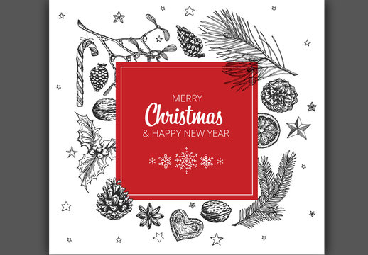 Christmas and New Year's Card with Nature Illustrations in Red and Black