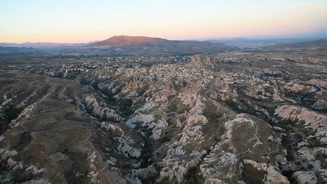 Top view of Uchisar town and castle at sunrise. Cappadocia. Turkey