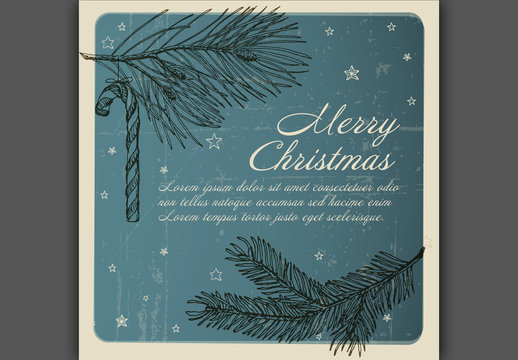 Christmas Card with Nature and Star Illustrations on Blue Background