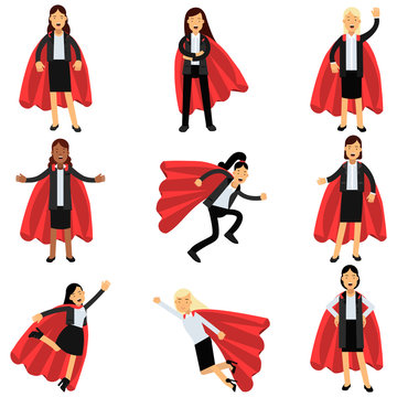 Business women wearing formal office costumes with red superhero capes. Female characters in different poses. Successful and purposeful people. Flat vector design