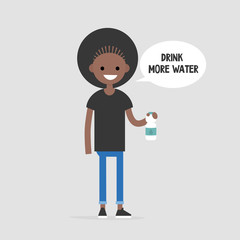 Drink more water. Helpful advice. Healthy lifestyle. Flat editable vector illustration, clip art. Young female black character holding a plastic bottle