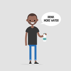 Drink more water. Helpful advice. Healthy lifestyle. Flat editable vector illustration, clip art. Young black character holding a plastic bottle