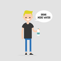 Drink more water. Helpful advice. Healthy lifestyle. Flat editable vector illustration, clip art. Young character holding a plastic bottle