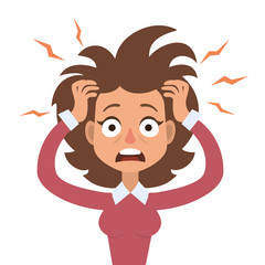 Vector illustration of funny brunette stressed woman with her hands on the head and wide opened mouth.