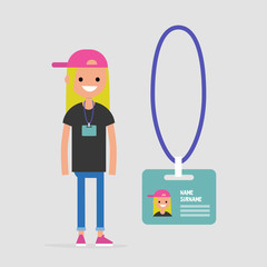 Young female employee wearing a badge. Personal information. Conference participant. Flat editable vector illustration, clip art
