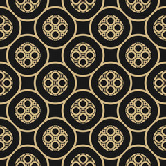 Black and gold geometric vector seamless pattern. Ornament texture in Arabian style. Moroccan tiles, delicate ornamental grid. Abstract repeat background. Elegant design for ceramic, textile, decor
