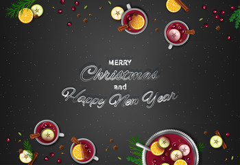 Merry Christmas and Happy New Year Greeting Background. Winter traditional drink punch in a bowl and cups, oranges, apples, spices, cardamom, cinnamon, anise, berries on a black table. Top View Vector