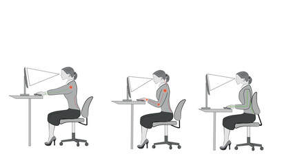 Correct sitting at desk posture ergonomics advices for office workers: how to sit at desk when using a computer
 - obrazy, fototapety, plakaty