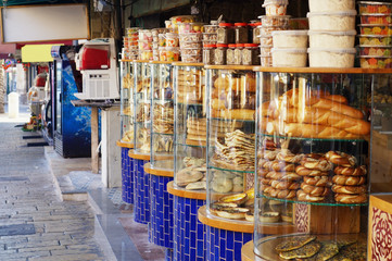 Street food, Jaffa, Old City, Israel. Variety of Jewish street bakery. Traditional Middle East bread in Jaffa.