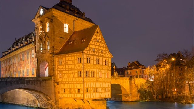 Bamberg, Germany, 12.12.2017. Bamberg Old Town Hall (Bamberg Altes Rathaus Zentrum) night time lapse. Zoom effect