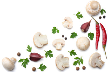 mushrooms with parsley isolated on white background. top view