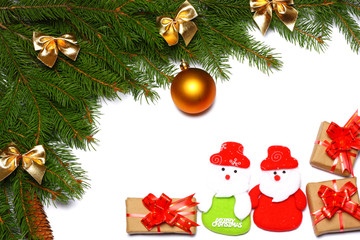 Christmas background. Top view with copy space. fir tree with cone isolated on white background