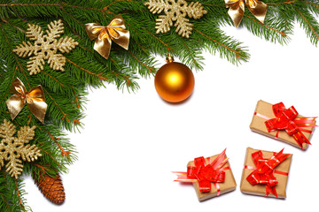 Christmas background. Top view with copy space. fir tree with cone isolated on white background