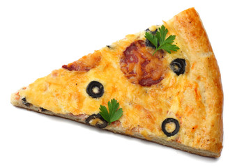 Piece of pizza with olives isolated on white background. top view