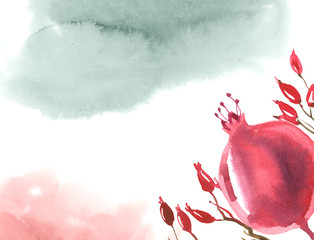 Horizontal background with watercolor grey splash, red garnet and dog rose.