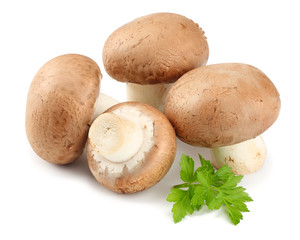 Fresh champignon mushrooms with parsley isolated on white background