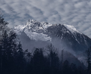 Morgenlicht trifft die Berge in den Alpen - Wald im Vordergrund