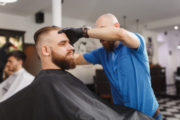 Male professional hairdresser serving client by clipper. Ginger handsome brutal stylish young man with thick big beard and short hair getting trendy haircut in black cape. Light white barber shop room