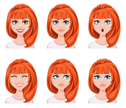 Face Expressions Of A Redhead Woman. Different Female Emotions, Set.