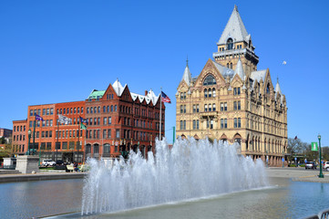 Syracuse Savings Bank Building was built in 1876 with Gothic style at Clinton Square in downtown...