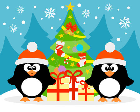  Happy New Year background with two funny penguins.Vector illustration