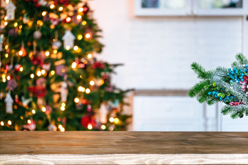 Christmas holiday background with empty rustic table