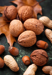 Mix of different nuts. Walnuts, peanuts and hazelnuts