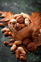 Mix of different nuts. Walnuts, peanuts and hazelnuts
