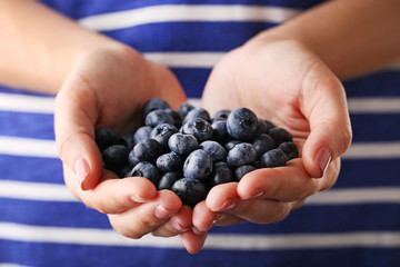 Female hands holding ripe and sweet blueberries