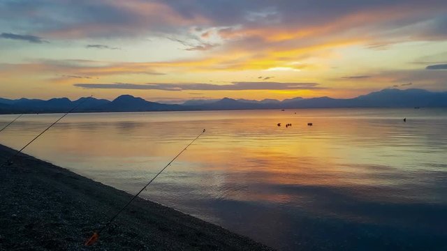 Fishing rods silhouettes in a row against the sunset.
