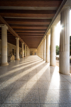 Stoa of Attalos, in the Agora of Athens, Greece. It was built by King Attalos II of Pergamon, typical of hellenistic age under the rock of Acropolis.