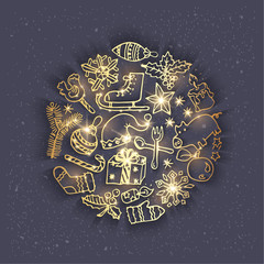 Round christmas design template. Hand drawn doodles. Golden shining objects on grey background