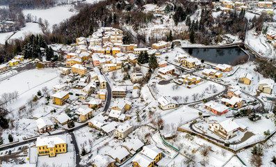 Aerial view of the Ferrera di Varese winter landscape, is a small village located in the hills not of Varese, Italy