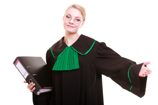 Woman lawyer attorney wearing classic polish gown with file folder