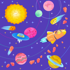 Cartoon space illustration / Space view with the sun, rocket, UFO, planets and asteroids
