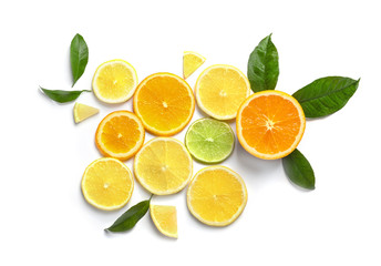 Composition with lemon, lime and orange slices on white background