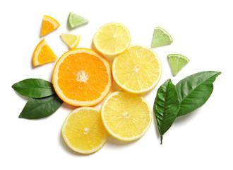 Composition with lemon, lime and orange slices on white background