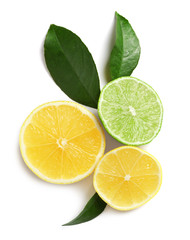 Composition with lemon and lime slices on white background