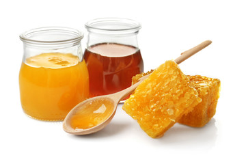 Fototapeta na wymiar Composition with sweet honey on white background
