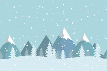Seamless flat winter vector landscape with silhouettes of trees and mountains.