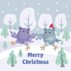 Christmas greeting card with the image of funny owls. Full color vector illustration.