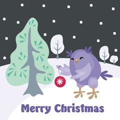 Christmas greeting card with the image of funny owls. Full color vector illustration.